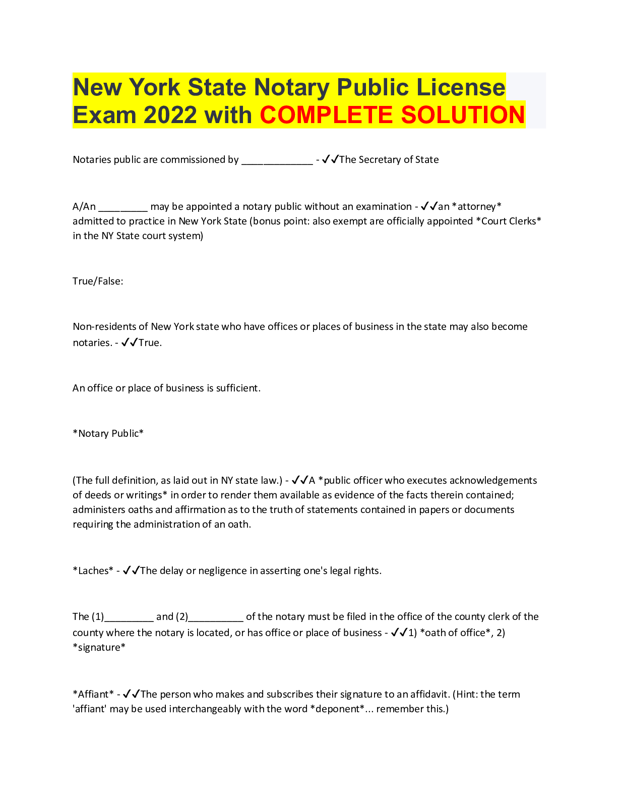 New York State Notary Public License Exam 2022 with COMPLETE SOLUTION